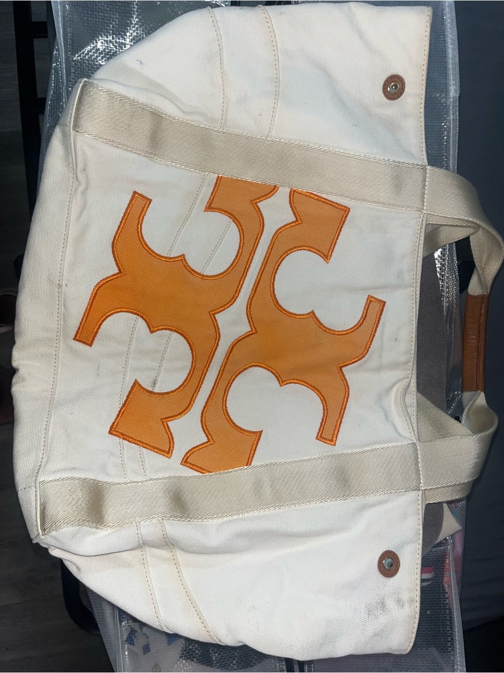 Tory Burch Canvas Tote Bag with Orange Appliqué
